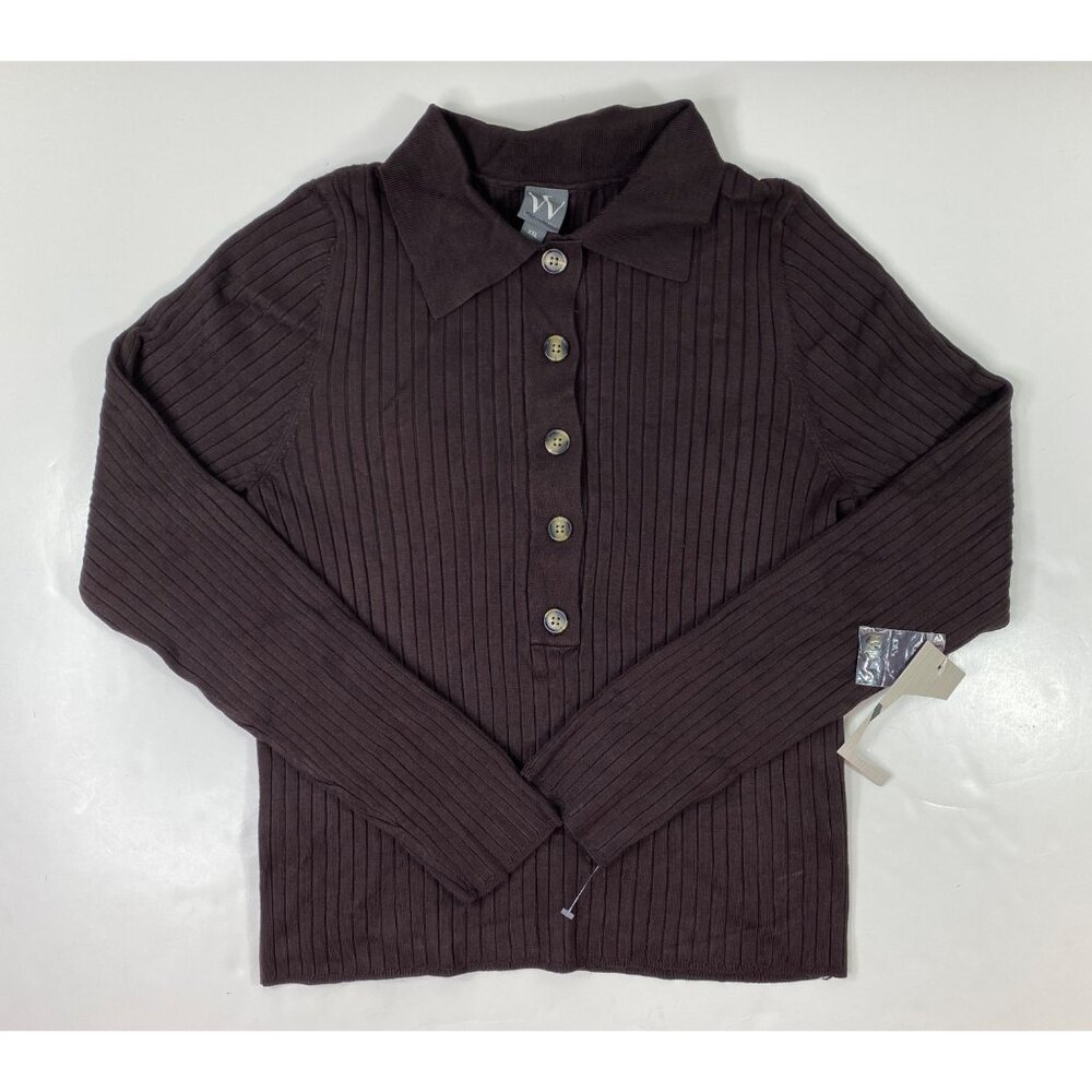 Worthington Womens Ribbed Button-Up Long Sleeve Brown Collared Sweater Size XXL
